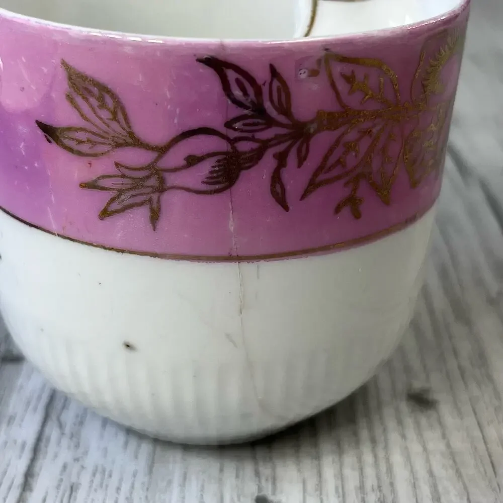Vintage White Pink Floral Accent Gold Trim Mustache Guard Mug Cup Decor